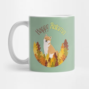 Shiba Inu in Colorful Fall Leaves with Happy Autumn Sign Mug